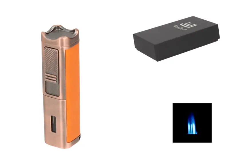 Winjet Lighter 3xJet, copper-colored/PU orange with punch Ø8mm, pin and cigar rack H.10,5cm